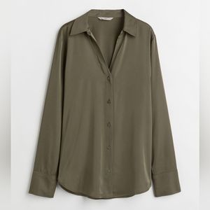 H&M V neck satin look blouse green Large L